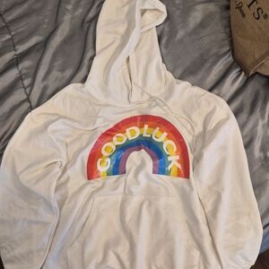 White Hoodie with Rainbow "GOOD LUCK" Graphic